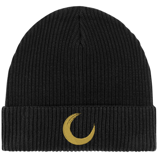 Bonnet noir composé à 95% de coton bio arborant un motif de lune en fil doré